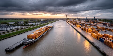 Cargo ship sails waterway, navigating towards bustling port. Heavy clouds cover sky during sunset, casting dramatic light. Container terminal, filled containers, waits. Cranes stand ready, poised
