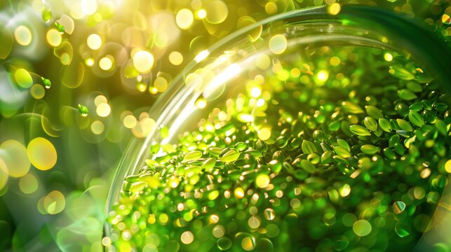 Floating healing seeds in vibrant green elixir, embodying natural vitality and wellness, with ethereal light penetration.