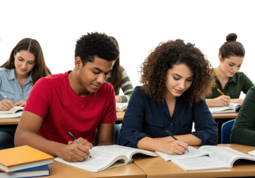 Students engaged in collective study session classroom educational content indoor environment overhead learning focus isolated PNG