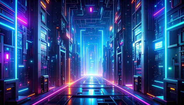 Holographic grids and neon corridors form a complex, sci-fi abstract background