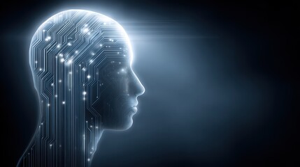 Conceptual design shows digital circuits within human head, suggesting AI, technology, intelligence, future, innovation. Futuristic circuit brain concept represents smart thinking, artificial