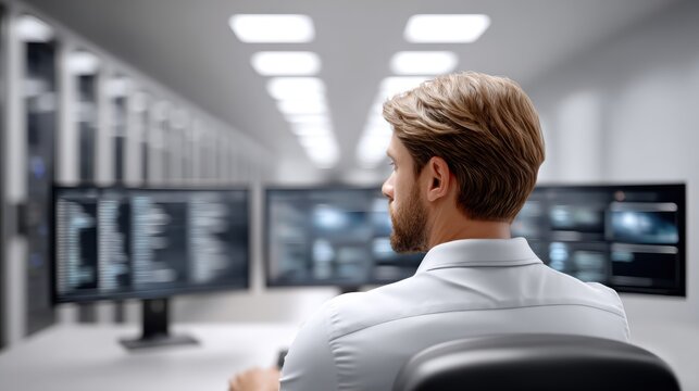 Focused professional surveys complex data displayed across multiple computer screens within server room. Individual, dressed in formal attire, monitors systems intense concentration. Backdrop