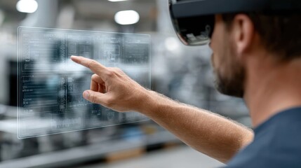 Person, wearing virtual reality glasses, interacts holographic display. Futuristic interface shows complex data, visualized touch. User explores digital information technology. Shows cutting-edge