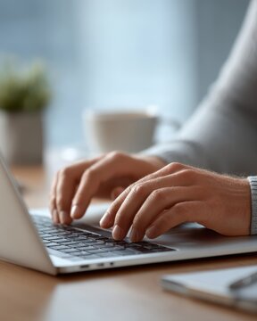 Close-up view showing person's hands typing keyboard. Laptop computer sits desk, coffee cup blurred background. Keyboard use, technology usage, work from home, remote work, typing, writing,