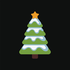 Flat Vector Christmas Tree with Snow and Yellow Star on Top, Festive Winter Holiday Decoration Isolated on Black Background for Seasonal Design.