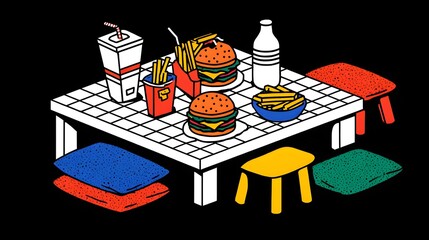 Colorful illustration of a fast-food table setting featuring burgers, fries, and drinks.