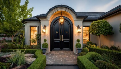 Fototapeta premium Elegant Black Door House Entrance Evening