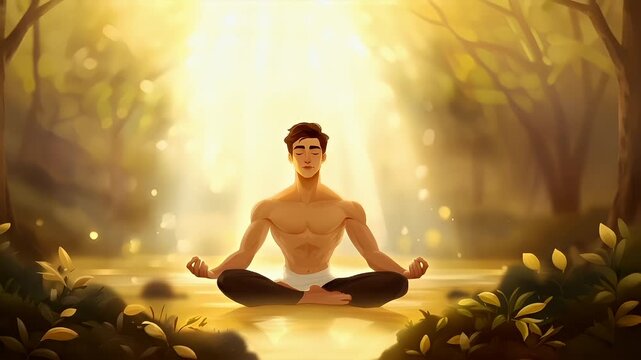 A digital artwork portraying a man in a meditative pose. The style is contemporary with a touch of realism, and the coloration is warm and inviting. The man is shirtless.
