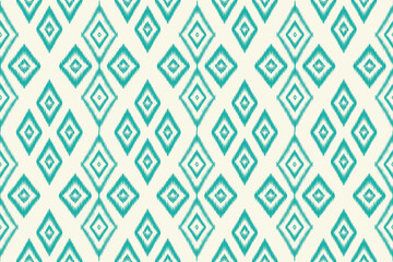 Seamless teal Ikat diamond pattern on cream background. Ethnic geometric textile style in fresh tones, ideal for fabrics, wallpapers, wrapping paper, and digital projects.
