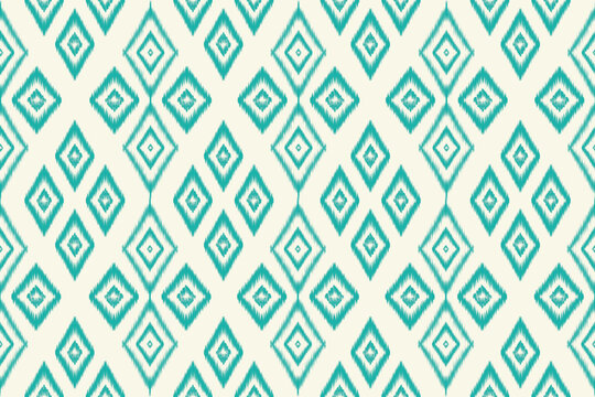 Seamless teal Ikat diamond pattern on cream background. Ethnic geometric textile style in fresh tones, ideal for fabrics, wallpapers, wrapping paper, and digital projects.