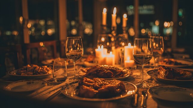 A beautifully arranged dinner table set with candles and fine dishes, creating a warm and inviting atmosphere.