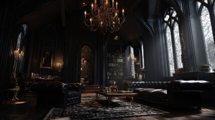 Dark Gothic Room Interior with Elegant Chandelier and Bookshelves