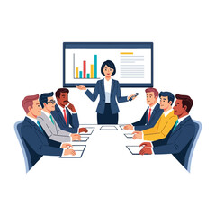 Business Presentation Dynamics: A dynamic business presentation unfolds in a modern conference room. A poised presenter engages a diverse group of professionals.
