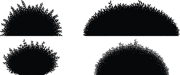 Four black silhouette shapes of dense foliage and bushes on white background