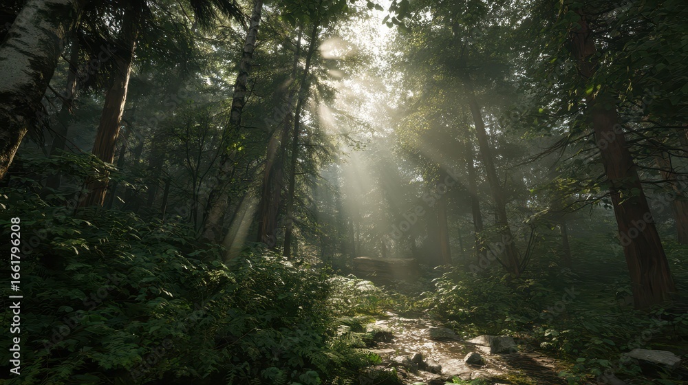 Poster deep forest with rays of light beaming through trees