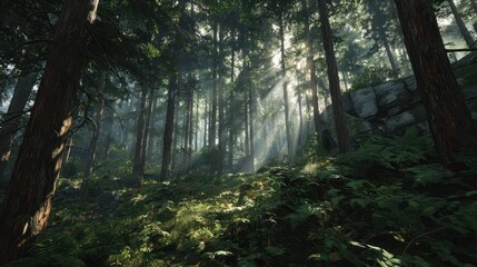 Obraz premium Serene Deep Forest with Ray Traced Light Beams and Lush Greenery