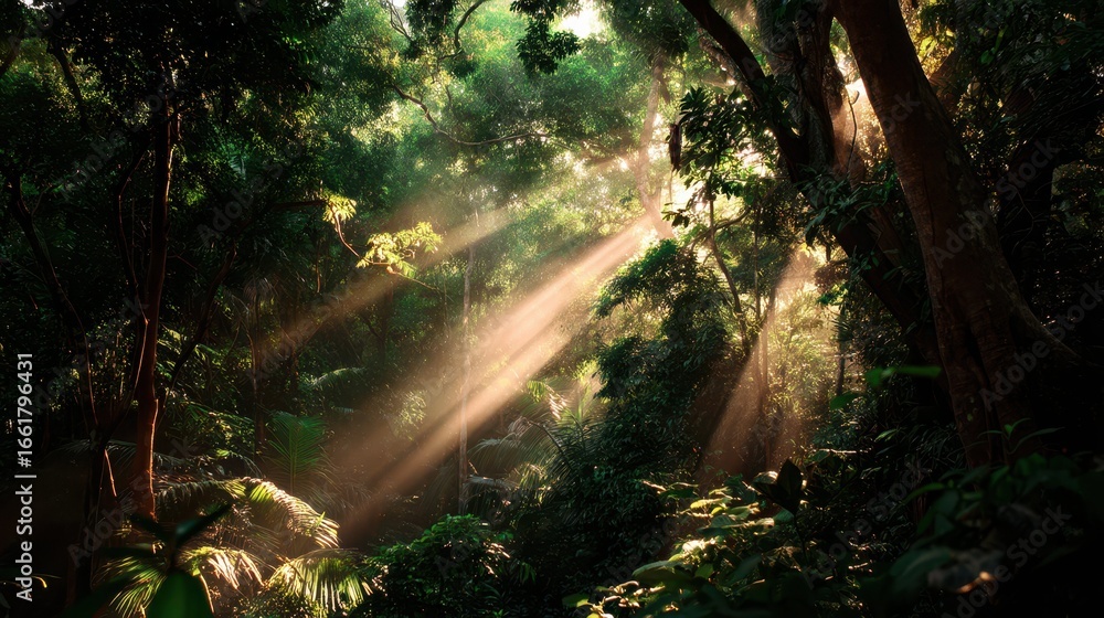 Poster sun rays filtering through dense jungle trees in lush greenery