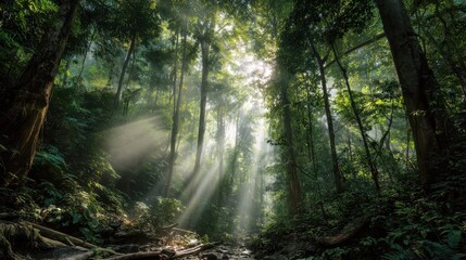 Fototapeta premium Sun Rays Shine Through Dense Jungle Trees in Serene Nature Scene