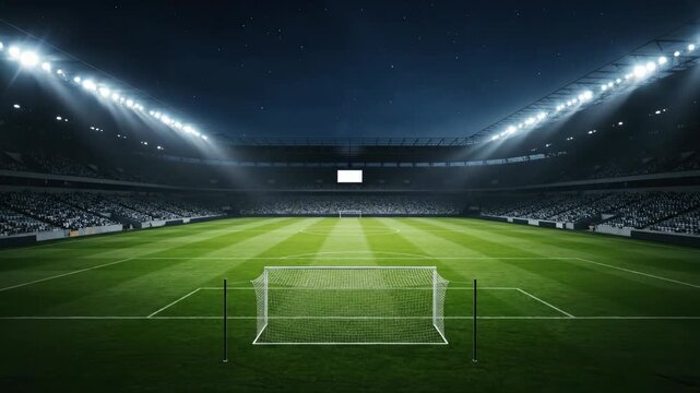 Dramatic Nighttime Soccer Stadium with Illuminated Field - A nighttime view of a soccer field under stadium lights with an empty seating area.