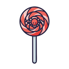 A red and white spiral lollipop with a spider in the center.