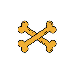 A simple graphic illustration of two yellow bones crossed over each other on a white background.