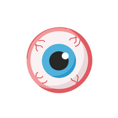 Fototapeta premium Cartoon style illustration of a bloodshot human eyeball with a blue iris and black pupil.
