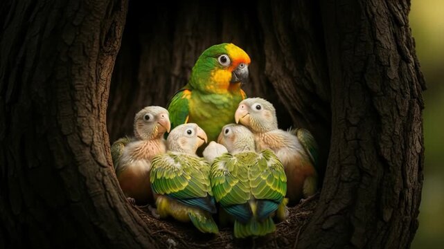 A Blue-Headed Parrot and Her Babies in a Nest