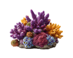 Colorful coral reef decorative piece with vibrant purple, orange, and red coral branches, blue sea anemones, and textured marine elements, evoking lively ocean scene