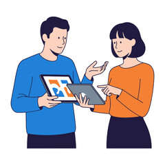 Digital Dialogue: In a modern illustration, a man and a woman engage in a collaborative exchange, sharing ideas and insights over a tablet, a visual representation of the innovative collaboration.