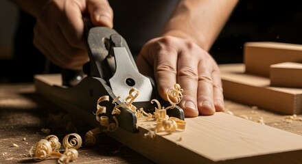 craftsman hand planing wood shavings flying carpentry workshop