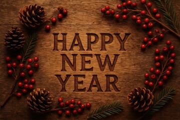 Rustic pinecones and berries on wood background with happy new year engraved for holiday nature decor