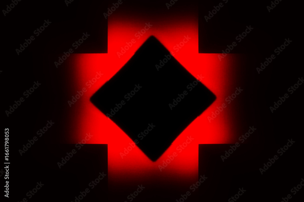 Poster red glowing geometric gradient frame made of squares and neon lines on black background. futuristic 