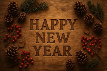 Festive rustic wooden background card with happy new year engraved and pinecones, berries, and nature