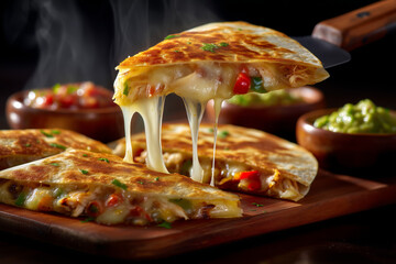 Hot chicken quesadilla with golden crispy tortilla and melted cheese stretch, served with salsa and guacamole, close up on wooden board, Mexican comfort food concept