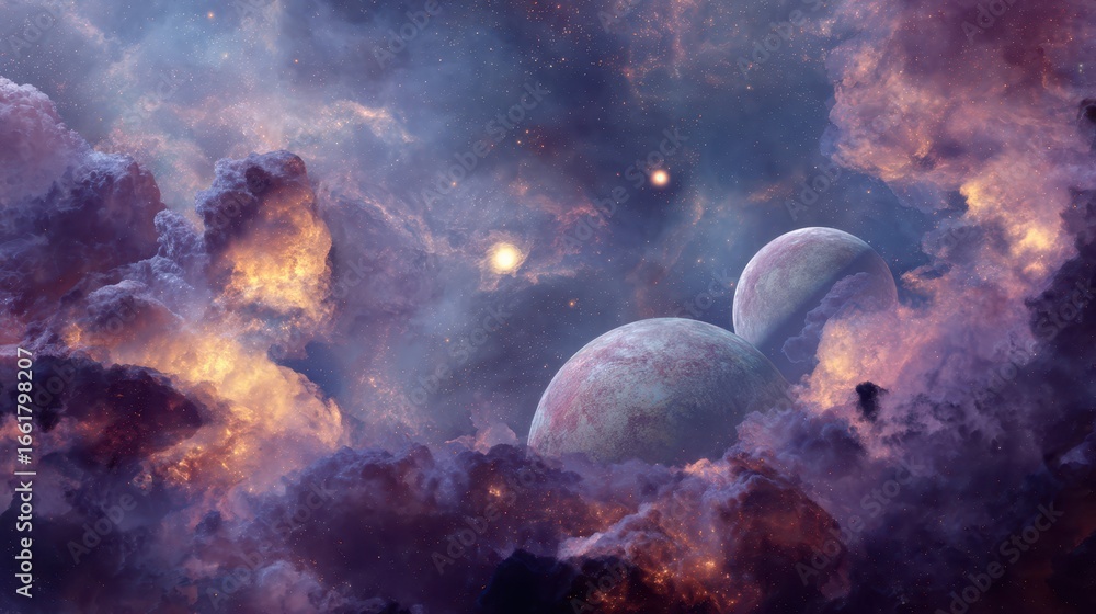 Poster dreamlike space backdrop with planets in perfect alignment