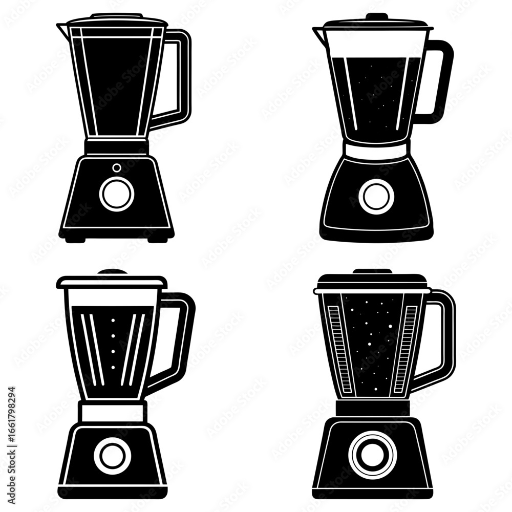 Poster four black and white blender illustrations with different designs on a white background in a square 