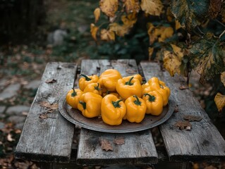 A yellow pepper in the garden laid on the table.