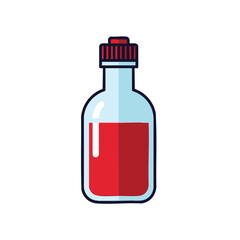 A simple illustration of a glass bottle filled with a vibrant red liquid and a red screw-on cap.