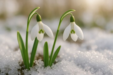Pure fresh snowdrops emerging from snowy ground marking first signs of spring renewal in garden