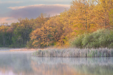 Spring landscape at sunrise of the shoreline of Whitford Lake, Fort Custer State Park, Michigan, USA