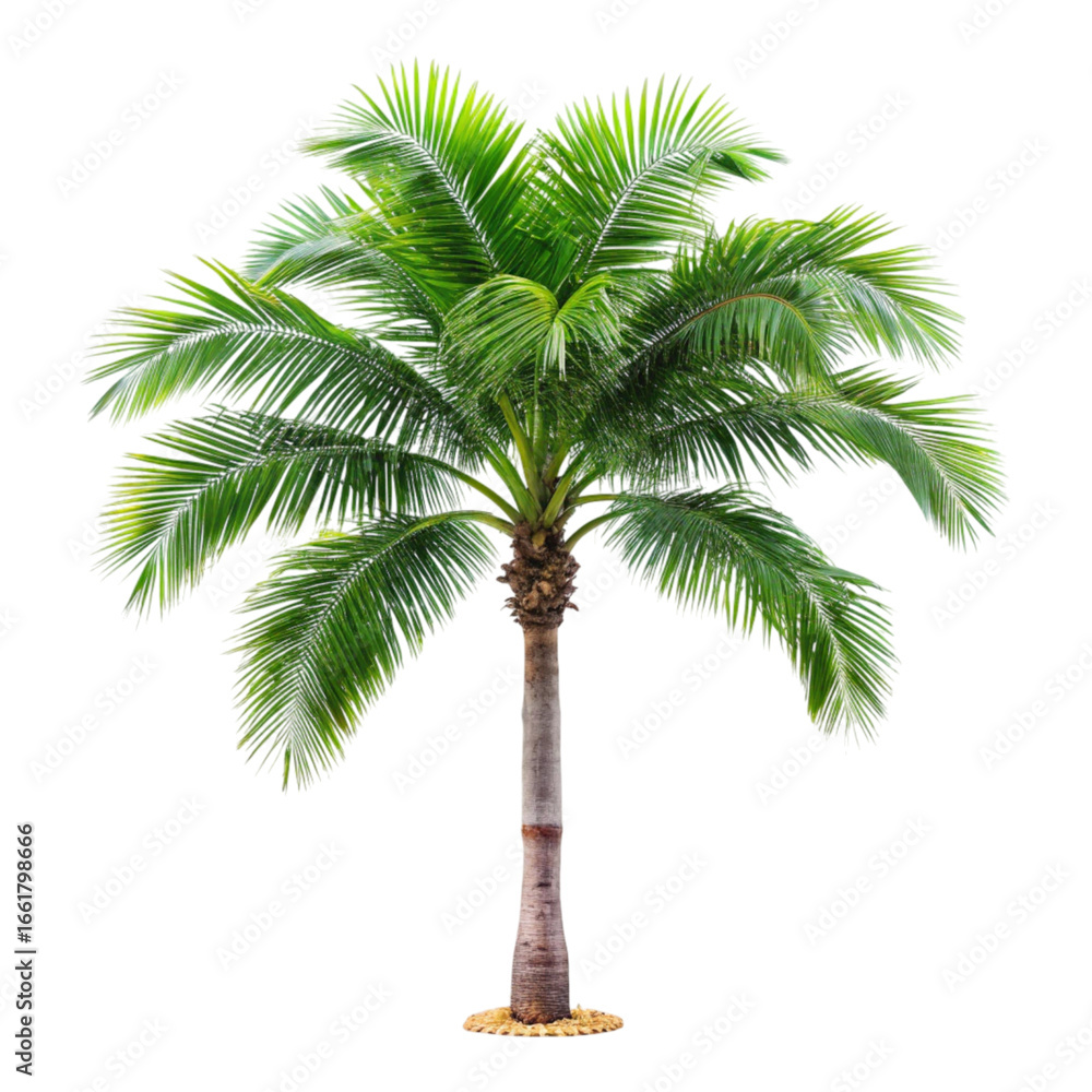 Poster isolated green palm tree with brown trunk and yellow base against a black background in a studio sho