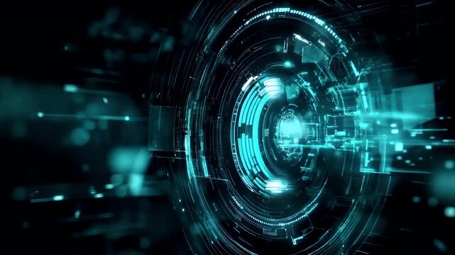 A highresolution digital artwork depicting a futuristic digital interface. The main subject is a glowing, circular portal with intricate details, surrounded by a complex network of lines and dots.