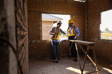 Fototapeta premium Working Engineering construction : African American construction worker Architects and japanese contractor working together at building under construction site. Engineering in safety harthat helmet