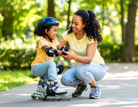 A mother helps her daughter put on roller skates in a park