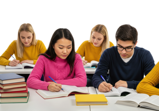 Studying students engaged in learning classroom group activity academic environment overhead education focus isolated PNG