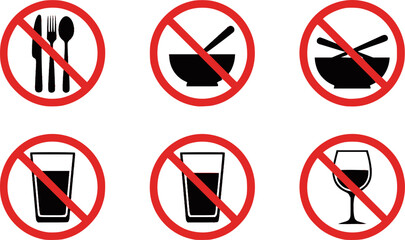classic simple various no food eating or drinks drinking alcohol allowed prohibited in red circle signs set vector on transparent background
