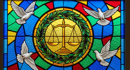 Vibrant Stained Glass Window Depicting Justice Scales and Doves Symbolizing Peace and Equality for Legal Concepts