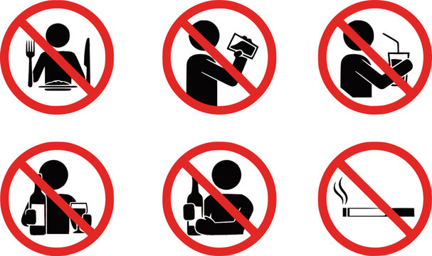 classic simple various no food eating or drinks drinking alcohol allowed prohibited in red circle signs set vector on transparent background
