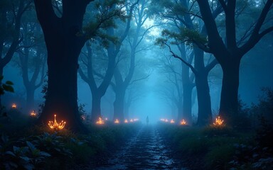Mystical magical enchanted forest at night with glowing lights. AI generative. High quality