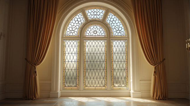 Arched Stained Glass Windows with Fanlight Design and Classical Curtains in Elegant Interior
